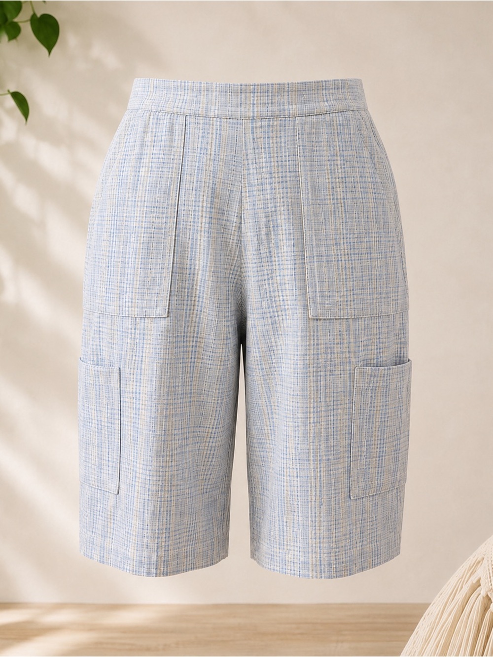 Flax 100% Linen Light Gray and Blue Plaid Bermuda Cargo Shorts